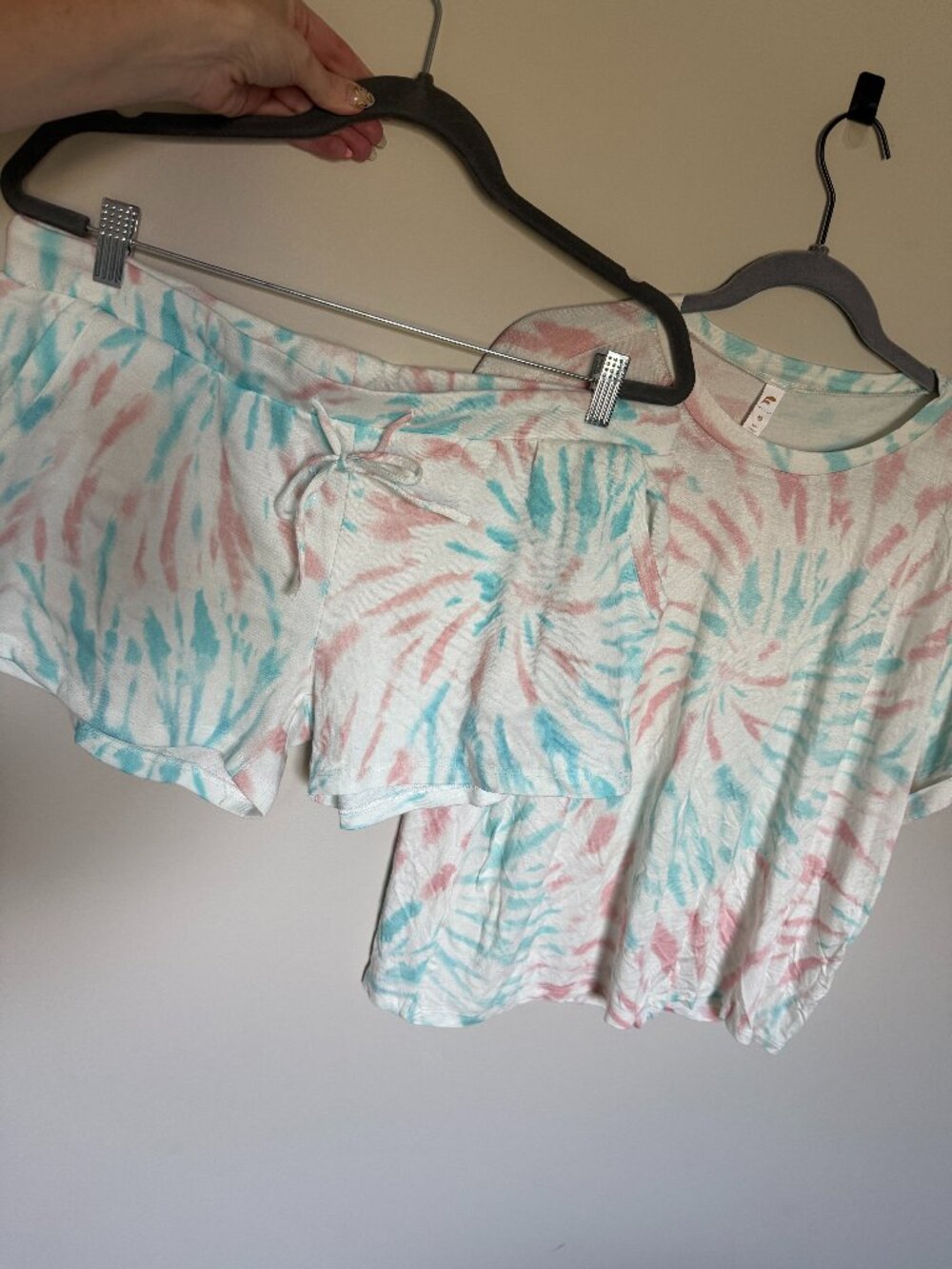 Fornia XL Tie Dye Lounge Set Pink Blue Swirl Pajama Top + Shorts Matching Set